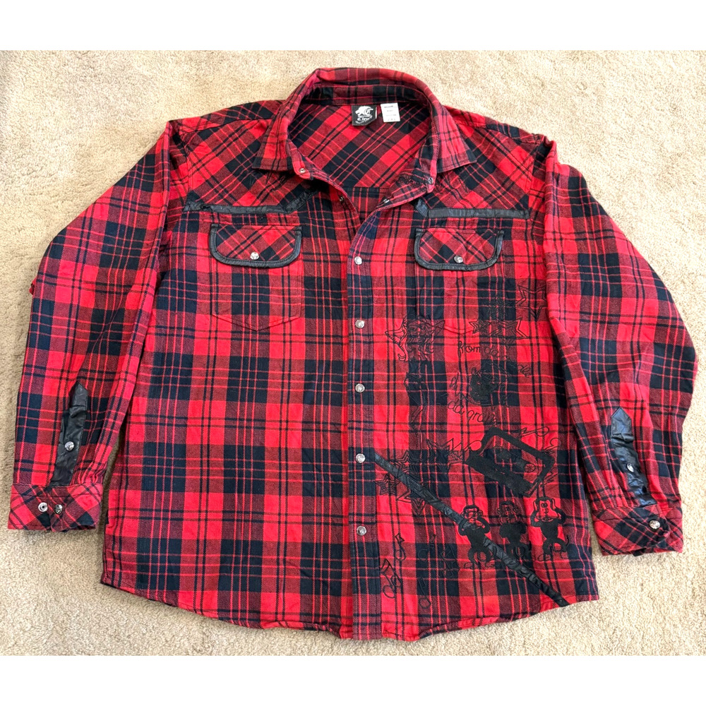 Vintage Clench Flannel Shirt Mens Large Embroidered Lumberjack Snaps Western 2XL